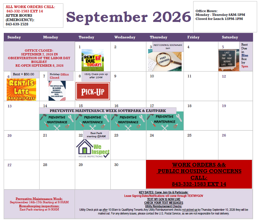 Hartsville Housing Authority September 2026 Calendar. All information as listed below.