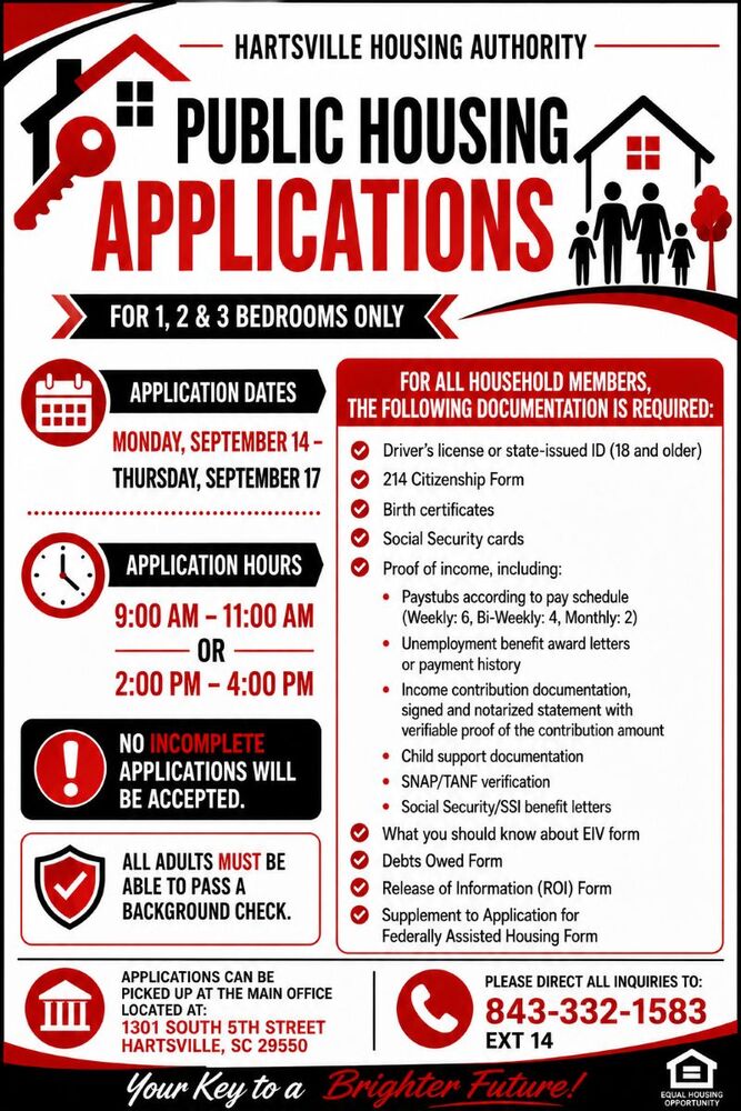 Public Housing Applications flyer. All information as listed below.