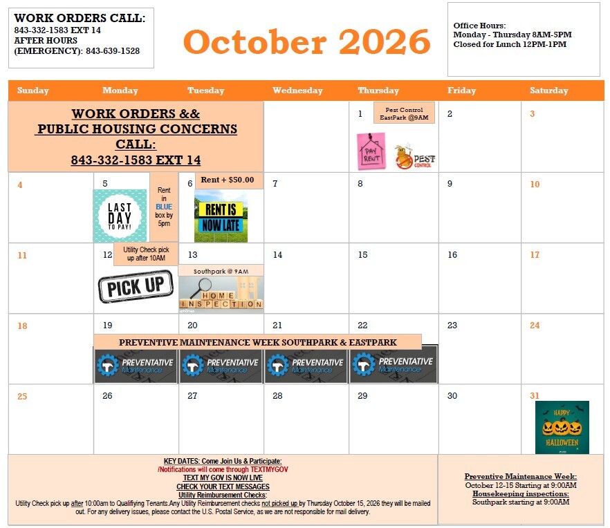 October 2026 Calendar. All information as listed below.