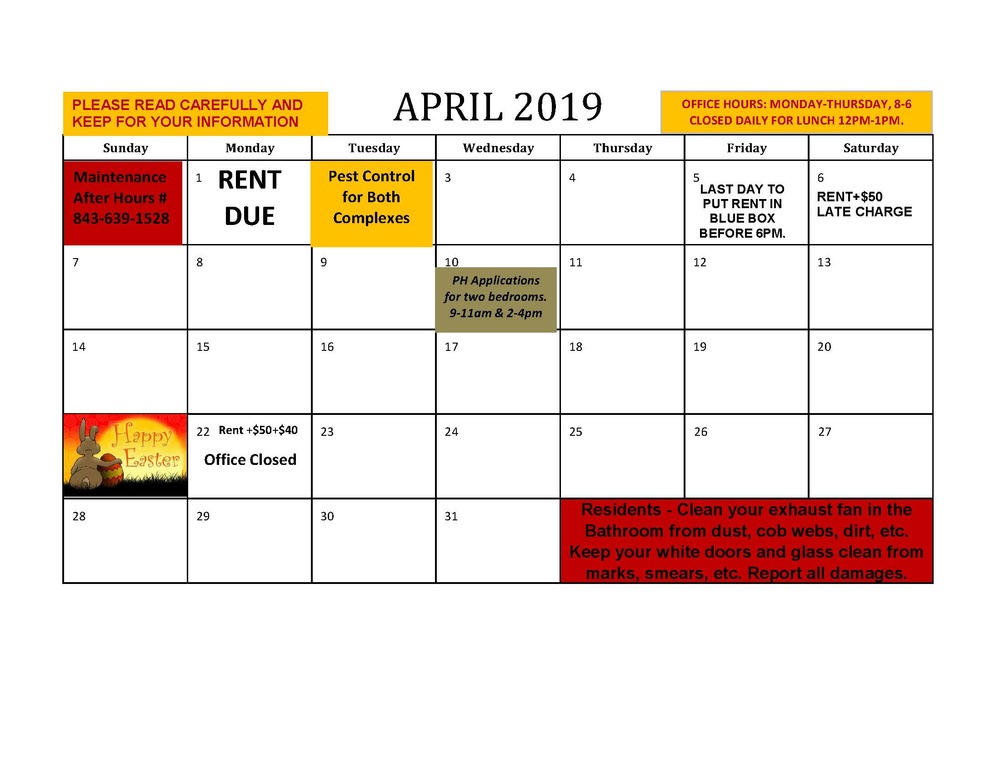 2019 April RESIDENT CALENDAR